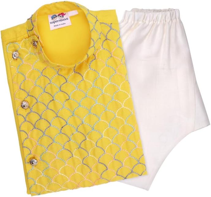 Superminis Baby Boys Cotton Side Open Embroidery Kurta and White Pyjama Set
