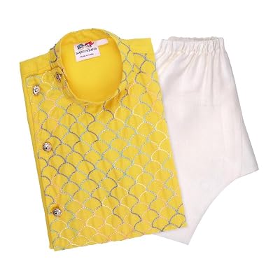 superminis Baby Boys Cotton Side Open Embroidery Kurta and White Pyjama Set (7-8 Years, Yellow)