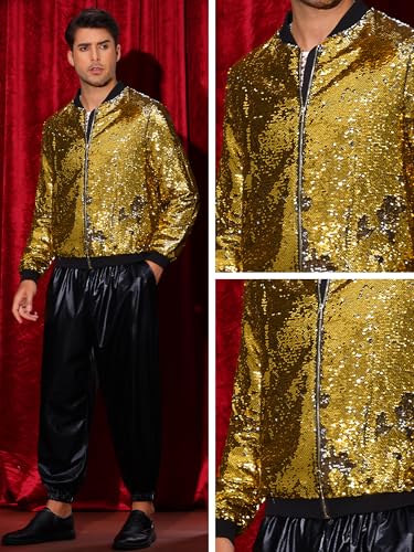 Image of Lars Amadeus Sequin Varsity Jacket for Men's Zipper Party Disco Flip-Sequin Shiny Bomber Jackets