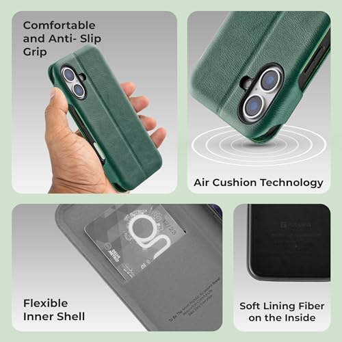 Image of PULOKA - Sleek Flip Case- Compatible for iPhone 16 Plus- Premium Vegan Leather Phone Cover with Card Slot - Slim, Durable, Privacy Protection - Kickstand Function - Elegant Flip Wallet Cases- (Green)