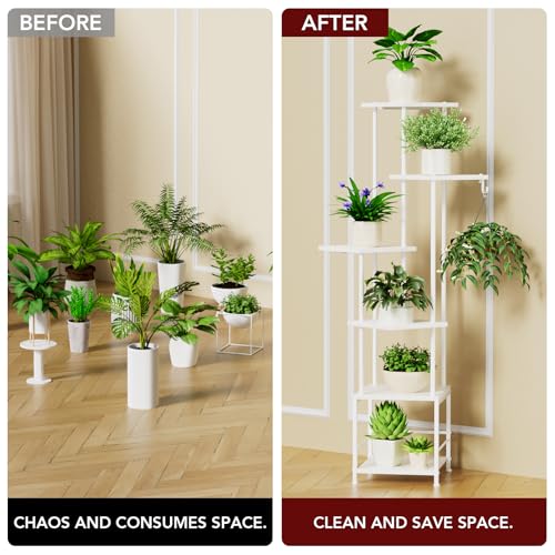 Image of Homsorout Plant Stand Indoor with Grow Light - 6-Tier Metal Plant Shelf with Hanging Basket Hook, Corner Tall Flower Holder for Multiple Plants, Living Room Balcony Garden Patio, White