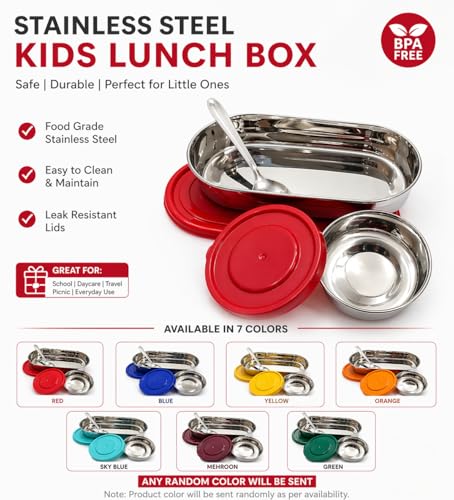 Image of PRESCO Small Oval Stainless Steel Kids Lunch Box with Spoon for School Kids, Boys - Leakproof Tiffin Box for Men & Women, Picnic, Travel - Stylish, Compact & Daily Use Meal Prep Box, 450ml- Pack of 1