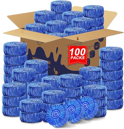 Image of Msvvko Toilet Bowl Cleaner Tablets 100 Count - Blue Toilet Tank Cleaner Blocks Bulk Pack, Long Lasting Bathroom Deodorizer, Hard Water Stain Remover & Descaler, Septic Safe No-Scrub Daily Freshness