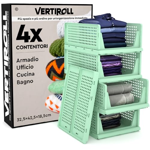 4 Cassetti Impilabili Scorrevoli Organizer Armadio VertiRoll - Contenitori Salvaspazio Portaoggetti in Plastica Colore Verde Casa Cucina Bagno Ufficio Facili da Montare - Cassetti da 32,5x42,5x18,5cm