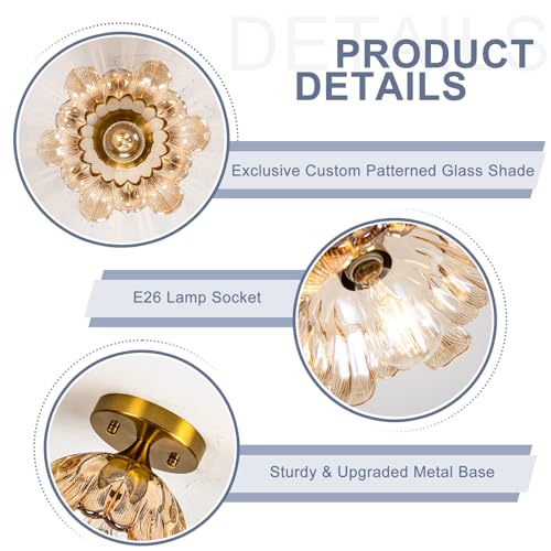 Image of Semi Flush Mount Ceiling Light,Vintage Lights Fixture Ceiling Amber Shade Glass, E26 Ceiling Light Fixtures for Closet Kitchen Bedroom, Bulb Included