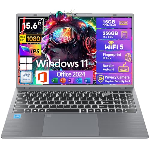 Windows11 Intel Laptop 15.6”HD Display(Celeron N5095)16GB RAM 256GB SSD Storage,With Free Office 2024 | Fingerprint Unlock | Privacy Camera | Backlit Keyboard,Suitable for Student and Business