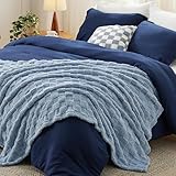 Bedsure Full Comforter Set 5 Pieces - Bed in a Bag with Checkered Throw Blanket and Decorative Pillow, Lightweight Bedding Comforter Sets, All Season Boho Bedding, Navy Blue