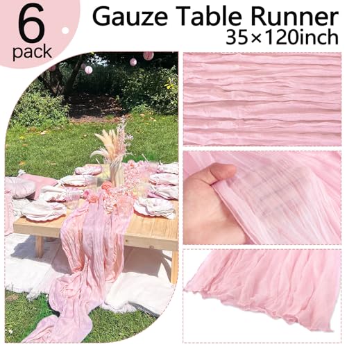 RestfulGlow 6 Pack Pink Cheesecloth Table Runner 10FT Boho Gauze Fabric Cheese Cloth Table Runner 35 x 120 Inch Rustic Sheer Fabric for Summer Wedding Decor Baby Shower Party Holiday by RestfulGlow - Used condition - Image 3