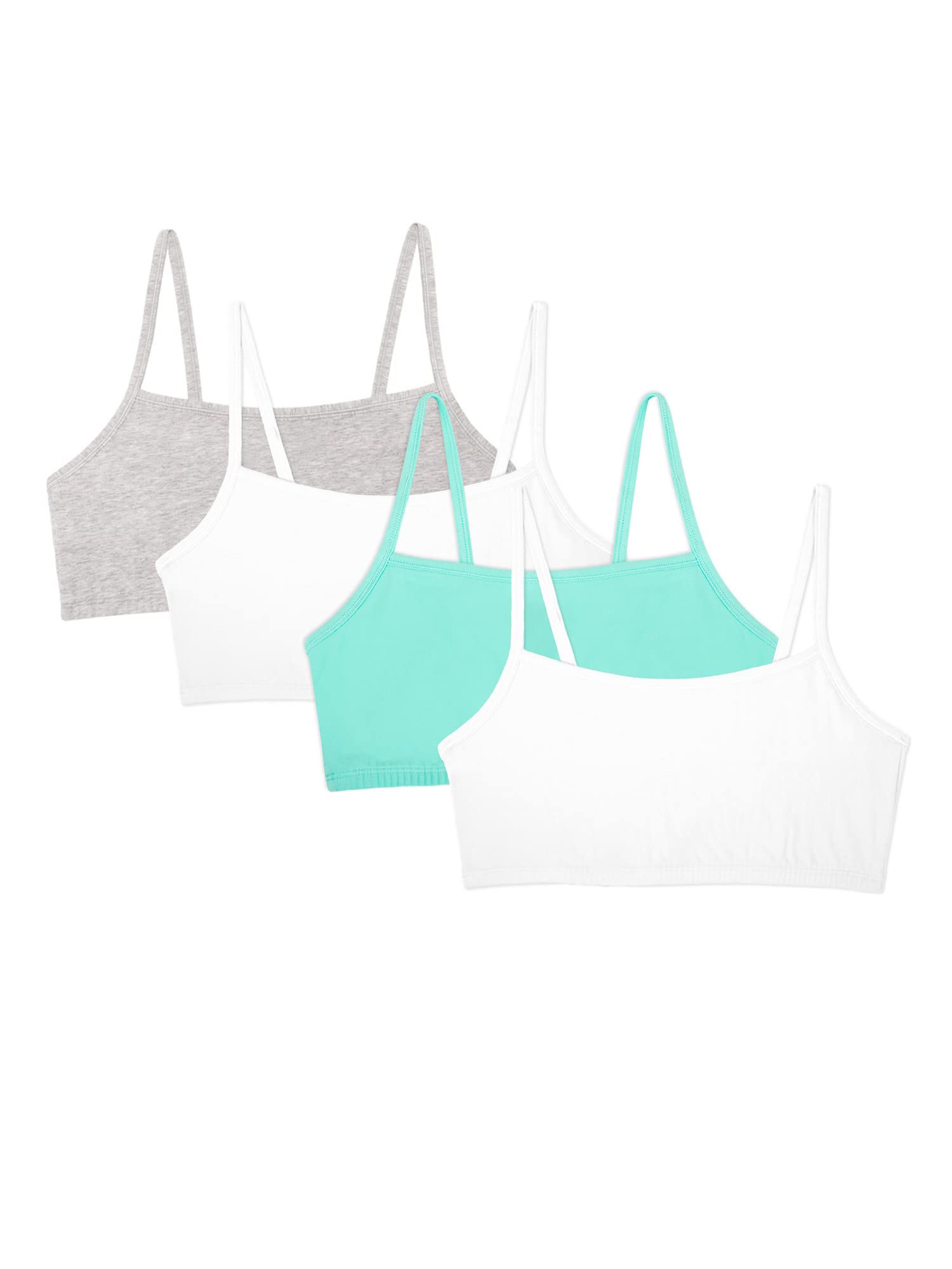 Fruit Of The Loom Women's Mint Chip/White/Grey Heather/White Spaghetti Strap Cotton Pullover Sports Bra Value Pack, 6 (Pack Of 4)