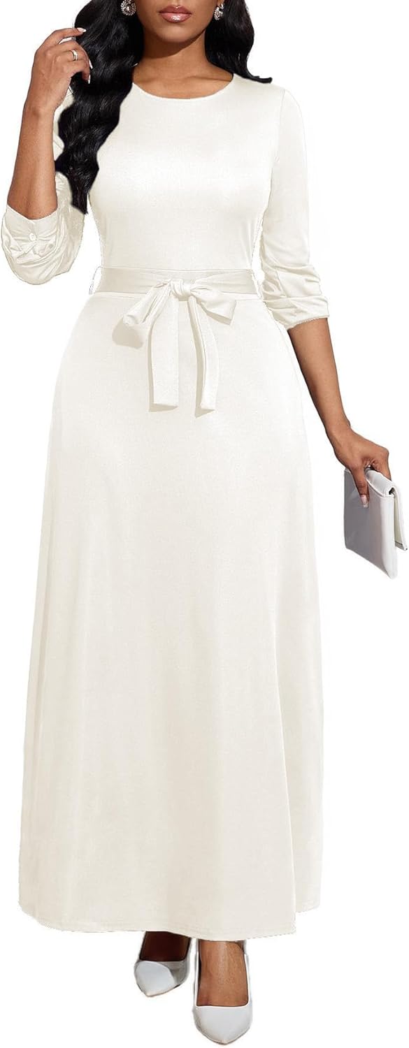 BubFee Long Dress for Women Casual Long Sleeve Dresses Maxi Dress Empire Waist Loose with Belt