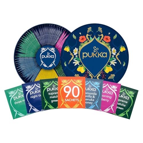 Pukka Bio Tee Geschenkset, Premium Selection Tee Box Wellness von früh bis spät Morning Berry, Matcha, Kamille Vanille, Minztee, Tee Set, Geschenkidee, 6 Varianten,90 Teebeutel
