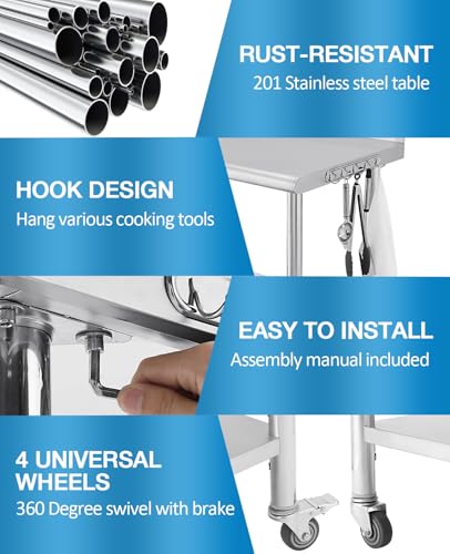 Stainless Steel Prep Table 36" x 24", NSF Commercial Kitchen Prep Table with Backsplash, Adjustable Undershelf, 5 Hooks and Wheels, Heavy Duty Workbench Workstation for Home Kitchen Restaur