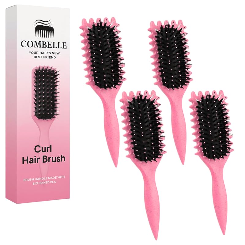 Image of Combelle 5-in-1 Curl Hair Brush | Vegan Boar Bristles | Bio-Based PLA Handle | Detangling, Defining & Frizz Control for Curly & Wavy Hair | For Men & Women - Red (Pack of 4)