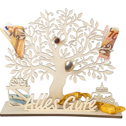 Geldgeschenk Lebensbaum aus Holz – „Alles Gute“ – Geschenkidee zum Geburtstag, Jubiläum, Hochzeit, Feier – 21 x 25 cm – dekorativer Holzbaum zum Befüllen mit Geld oder Süßigkeiten