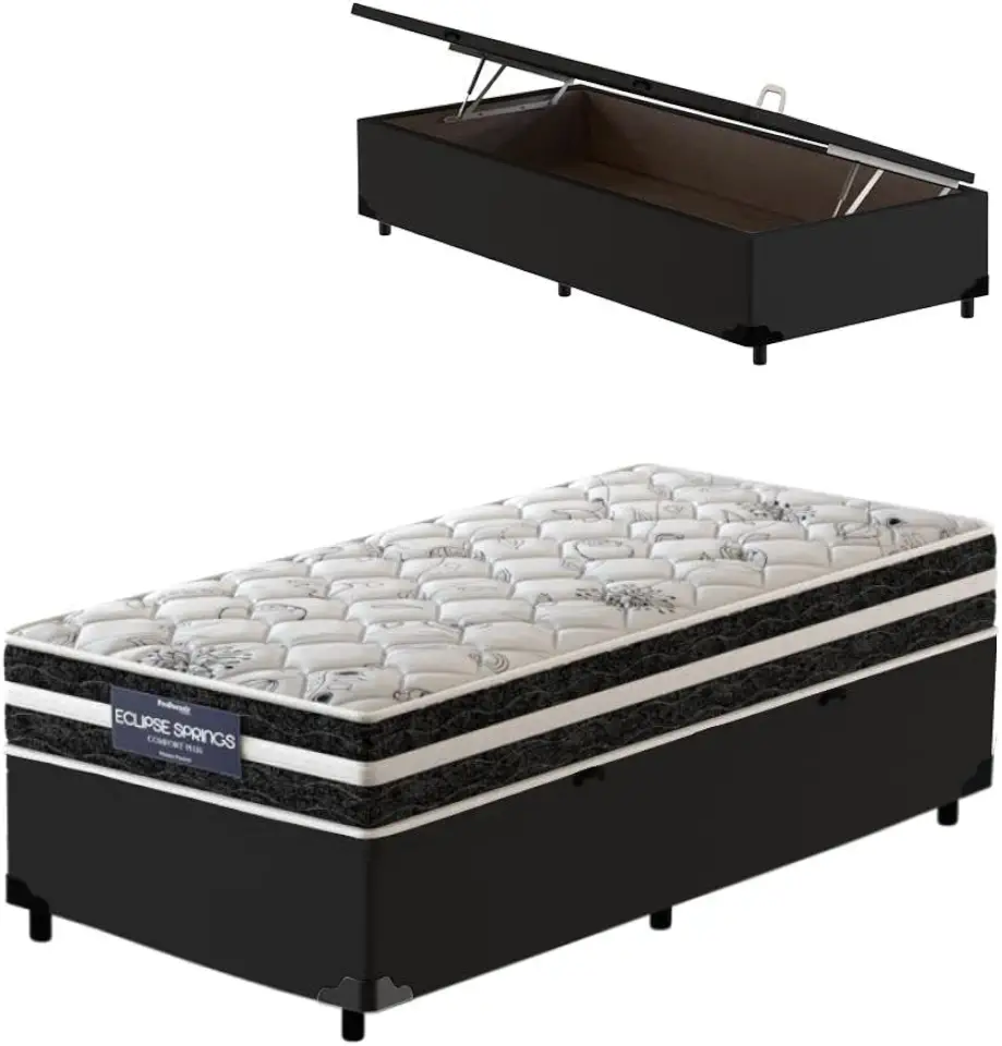 Cama Box Baú Solteiro King Preta + Colchão Molas Ensacadas - Probel - Eclipse Springs 96x203x62cm