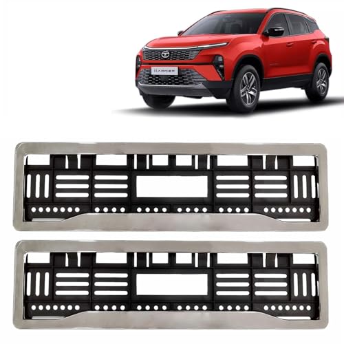 Image of KINGSWAY Harrier Car Number Plate Frames Chrome for All 2023 Onwards Models of Tata Car Registration Plate Holders, Licence Plate Covers (Front and Rear), Universal Size 51.5 x 14.5 cm