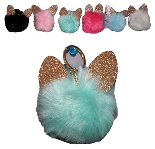 Pompom Faux Fur w/Ears Cat Bunny Key Chain Purse Bag Fob Charm 6Pcs (POMKC2 Z)