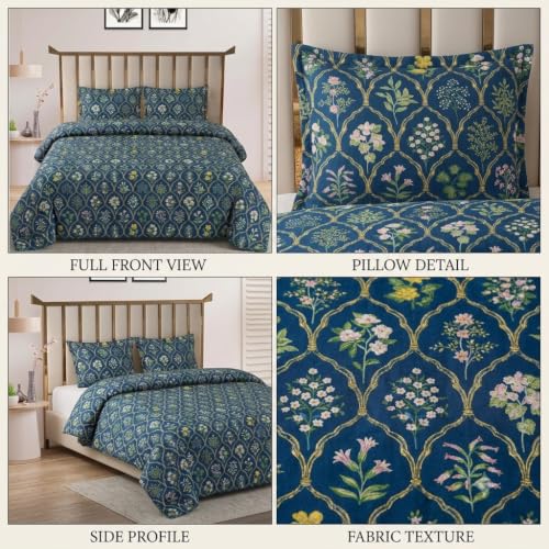 Image of DECOMIZER Super Soft Glace Cotton King Size AC Comforter II Blanket II Duvet for Double Bed with 1 Flat Bedsheet and 2 Pillow Cover - 4 Piece Comforter Set - Navy Jaipuri