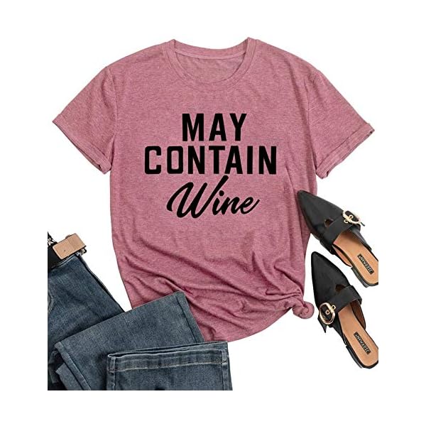 May Contain Wine T Shirt Alcohol Shirts Womens Letter Print Tops Funny Drinking Shirt Casual Short Sleeve Graphic Tees Top (Pink, S)