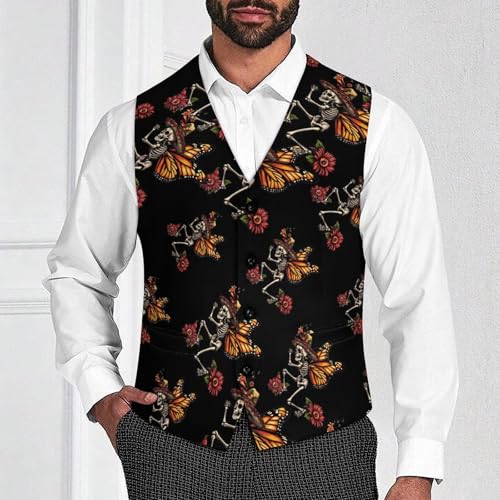 Day of The Dead Skull Skeleton Monarch Butterfly Men's Suit Vest Slim Fit Business Dress Party Pattern Waistcoat Vest Top2