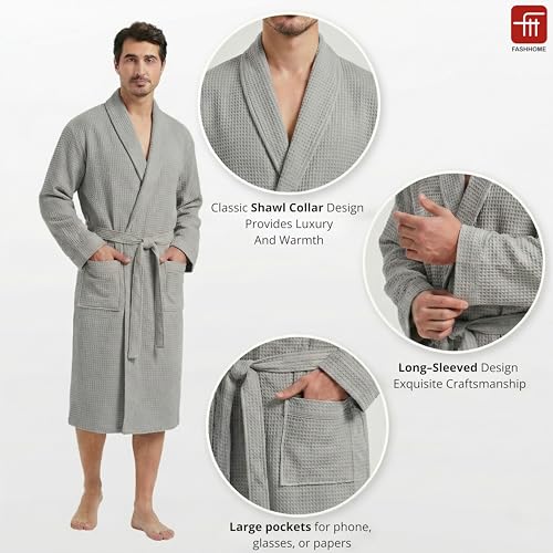 Image of Fash Home-Unisex Bathrobe-Waffle design at Top & Soft TerryTowel inside for quick absorbancy and softness -100% Soft Cotton |Full Size | Perfect for Royal Elite Class Men /Women /Couples (Natural Grey)