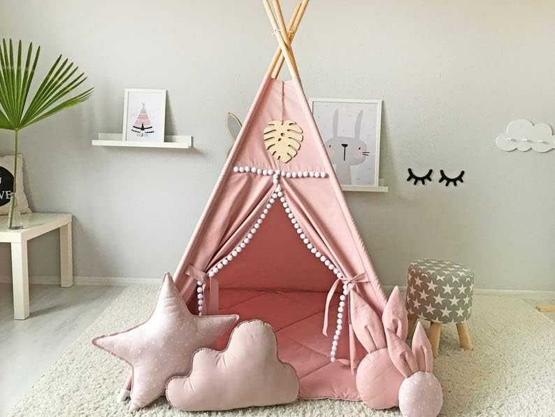 Miniatura 3 de Tienda Tipi para Niños con Pompón Blanco - Tipi de Juego Interior para Niños Niños Casa de Juegos Portátil (Rosa)