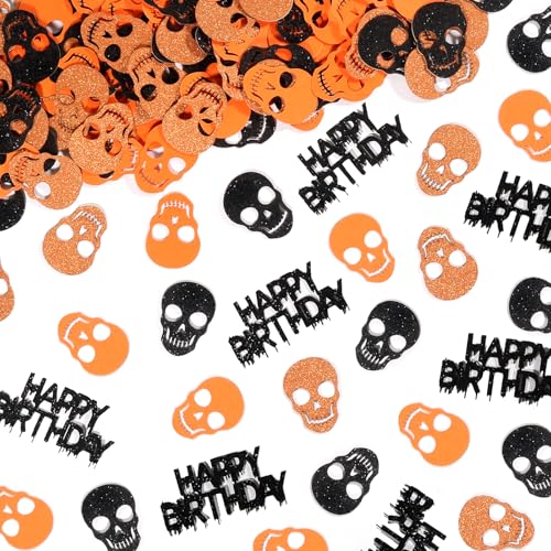 Vofrise 200PC Glitter Skull Birthday Confetti for Tables Black and Orange Halloween Gothic Themed Birthday Party Decorations