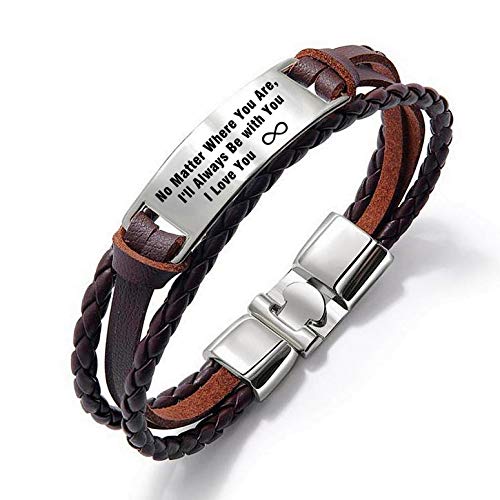 Kooer Classic Brown Leather Braided Rope Bracelet Stainless Steel Engraved Bangle Unisex Gift No Matter Where You Are I will Always be with You (Black-12)