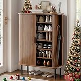 ONBRILL 6-Tier Shoe Cabinet with Sliding Door, Wooden Shoe Storage Cabinet with Adjustable Shelves, Mid-Century Modern Freestanding Shoe Storage Organizer for Entryway, Hallway, Living Room, Walnut
