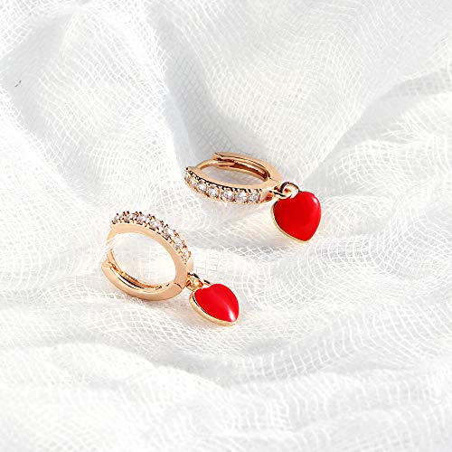 14K Rose Gold Plated Huggie Hoop Earrings Tiny Red Heart Dangle Earrings Gold Cz Diamond Ear Huggies For Women Girls Girlfriend Wife Mother Valentine Gift For Her #TOP5