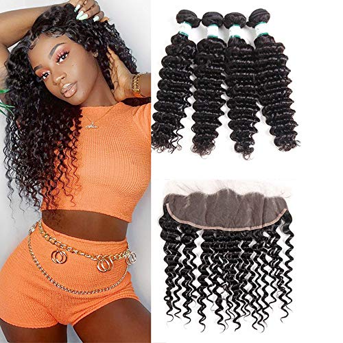 FU SHEN Long Brazilian Deep Wave Human Hair, 4 Bundles with Lace Frontal, 8A Curly Weave Human Hair Bundles with Ear to Ear 13×4 Free Part Lace Frontal(20 22 24 26+20F, Deep Wave Bundles with Frontal)