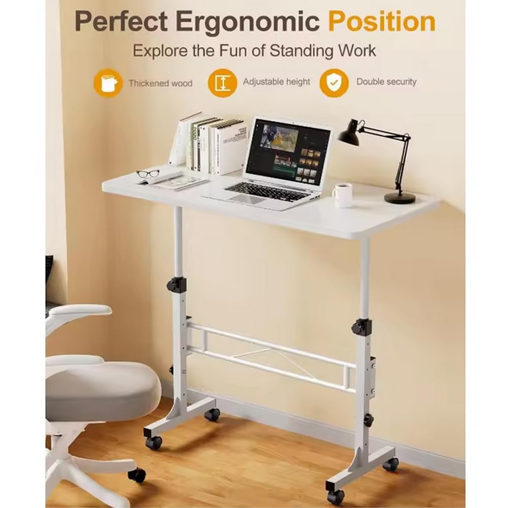Bureau réglable en hauteur avec plateau blanc, table de lit sur roulettes, table d'ordinateur portable peu encombrante pour salon, chambre à coucher, bureau, lit, canapé, 80 x 40 x 70 ~ 100