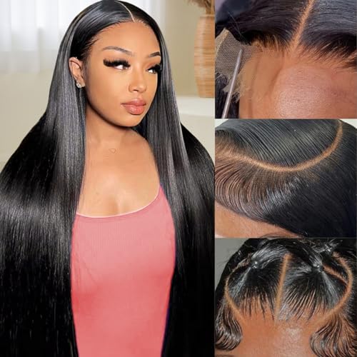 Amyes Straight Lace Front Wigs Human Hair 13x4 HD Transparent Lace Frontal Glueless Wig Bralizian Virgin Human Hair Tie in Knots Natural Hairline with Baby Hair (Natural Black, 32 Inch)