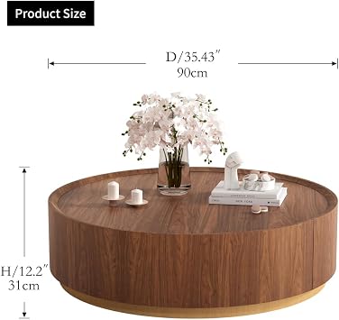 Round Coffee Table with Storage Drawer, Brown 90cm