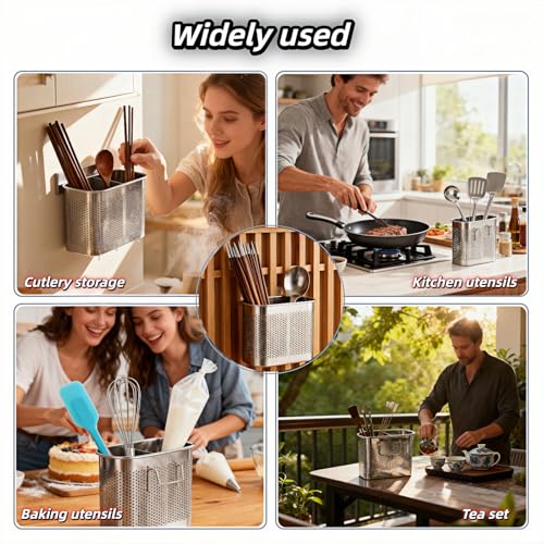 Image of 304 Stainless Steel Utensil Drainer, 2-Tier Silverware Drying Rack with Hooks, Anti-Rust Kitchen Sink Organizer & Cutlery Holder for Dishwasher, Countertop Space-Saving Storage, Brushed Finish