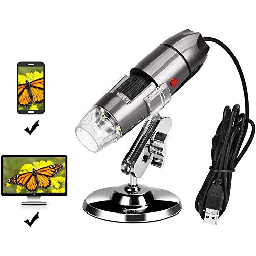 USB Microscope Digital Microscope 40-1000X Magnification Camera 8 LED Lights Handheld Mini Microscope for Kids, Students with Stand, Compatible with Android Smartphone Windows Computer (Gray)