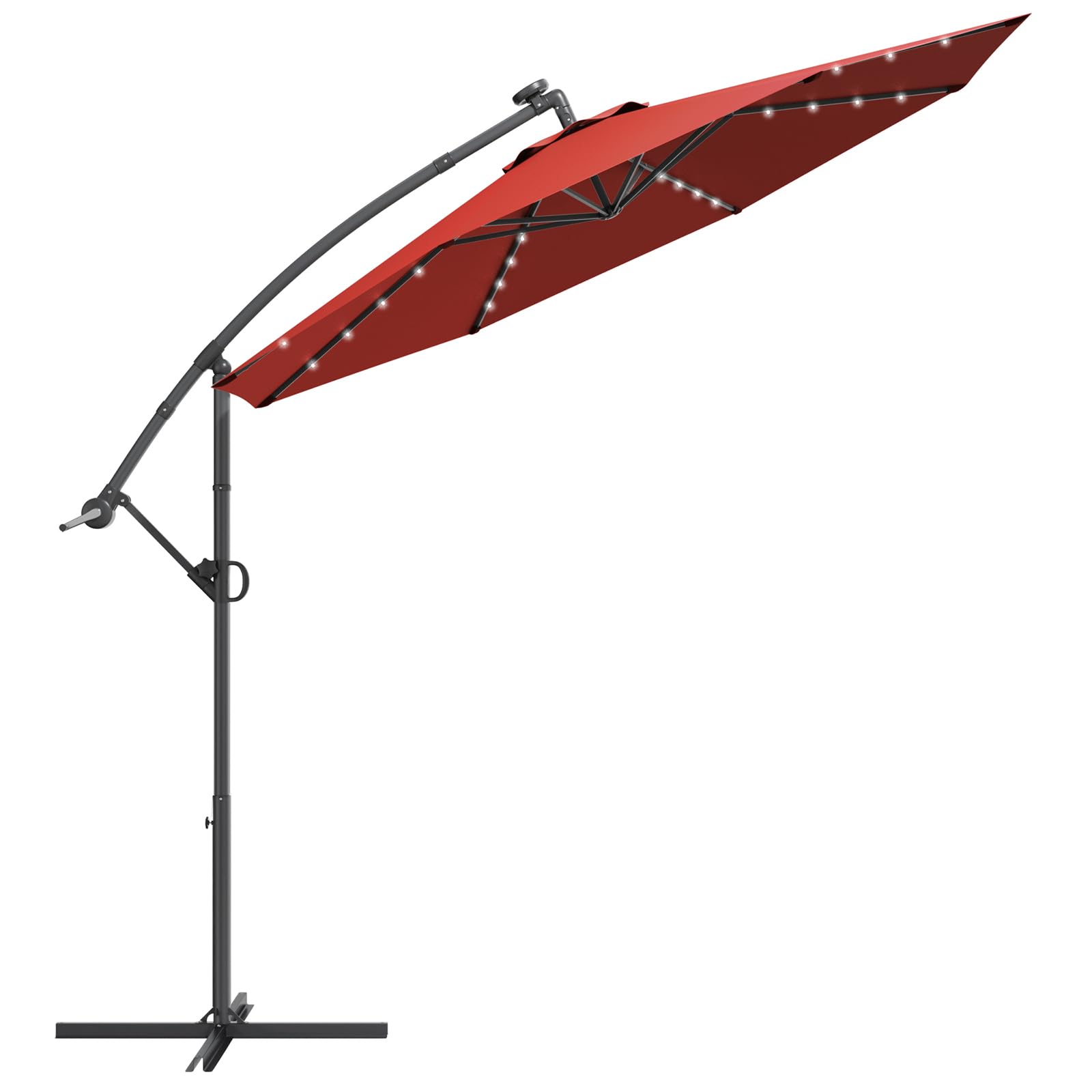 KOMFOTTEU Parasol przeciwsłoneczny LED, parasol ogrodowy z korbą ręczną, parasol tarasowy ze stojakiem, obracany o 360°, składany, pochylony, 300 cm x 230 cm, do ogrodu, na taras, basen, czerwony