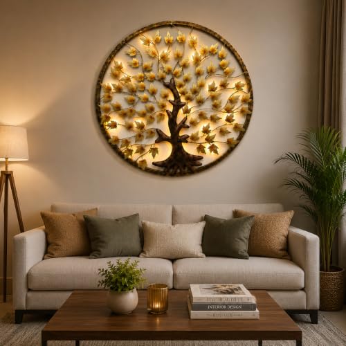Image of Bharat Art Metal Iron Wall Art Decor for Home Bedroom Living room Cafe Interior Decorative | Elegant Wall Hanging Sculpture with LED Light | Gift Item | Mapple Tree In Ring | 40X2X40 Inch | W281
