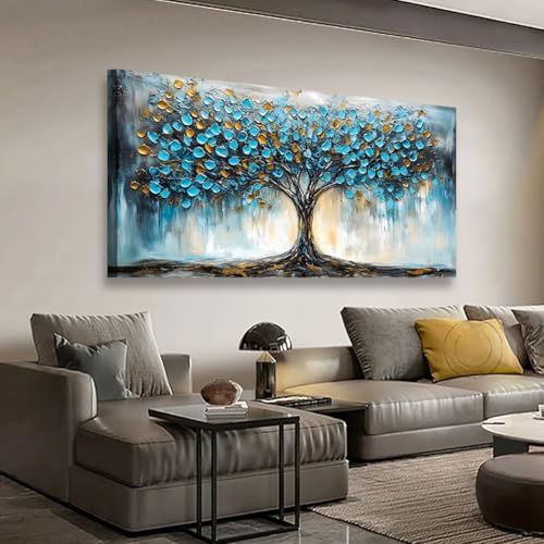 Image of Blue Tree Pictures Canvas Wall Art for Living room Office Bedroom Wall Decor,Abstract Wall Art Print Modern Noble Blue Tree Oil Painting Artwork Waterproof Ready to Hang-20x40inch