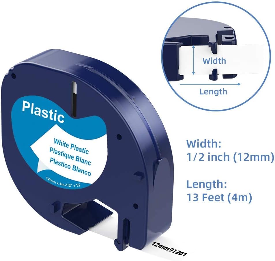 Tikagle Compatible Label Tape Replacement for DYMO LetraTag Refills 91331 Plastic Label Tape Compatible with Dymo Label Maker LT100H LT100T QX50, Black on White, 12mm x 4m (1/2" x 13'), 6-Pack