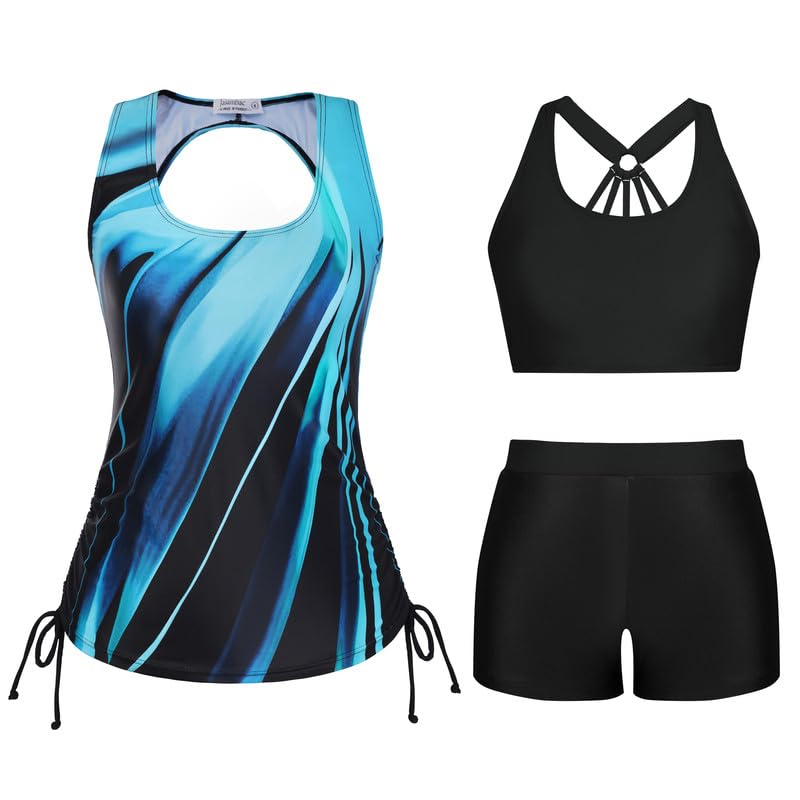 JASAMBAC 3-teiliger Damen Bauchweg Tankini Sets, Push-up-Bikinioberteil und High Waist Badeshorts, einfache Badebekleidung, Sport-Badeanzug,Bademode für Strand,Schwimmbad