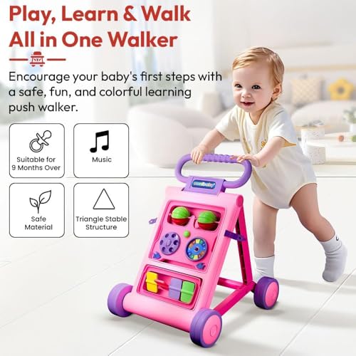 Image of Uonibaby by StarAndDaisy Baby Walkers for 6-18 Month Baby Boy & Girl /Baby Activity Walker Learning Push Walker with Foldable Music and Toy Bar /Walker for Kids (Push Walker - Pink)