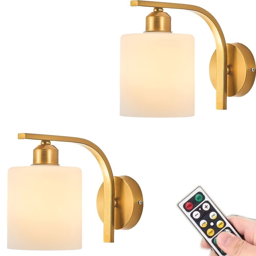 SMCCYYSD Wall Lamp Modern Battery Operated Sconce Set of 2, Gold Sconces Lighting with Remote Control,Dimmable Cordless Non Hardwired Bedside Mounted for Fireplace, Mirro