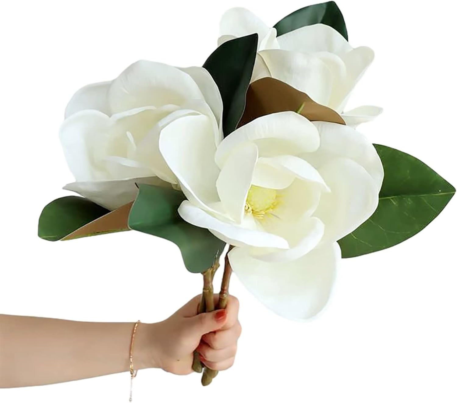 Emivery 3Pcs Artificial Magnolia Flowers, Faux White Magnolia Real Touch Silk Flowers Large Flower Head Magnolia Bouquet for Home Office Wedding Holidays Party Decor