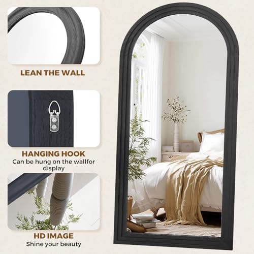 Image of 71x32 Arched Full Length Mirror, Solid Wood 3 Layer Frame, Black