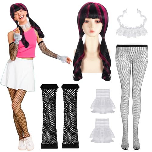 JenPen 7 Pcs Halloween Women Costume Set Include Pink and Black Wig Lace Collar Lace Wrist Cuffs Fishnet Gloves Fishnet Stockings for Adult Halloween Dress up Party Cosplay