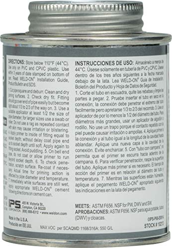 Weld-On 10213 P-68 PVC/CPVC Non-Bodied Primer - Fast Active and Low-VOC, Clear, 1/2 Pint (8 fl oz)