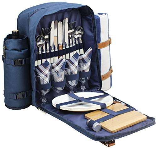 Picnic Backpack for 4 | Picnic Basket | Stylish All-in-One Portable Picnic Bag with Complete Cutlery Set, Stainless Steel S/P Shakers | Picnic Blanket Waterproof Extra Large| Cooler Bag for Camping
