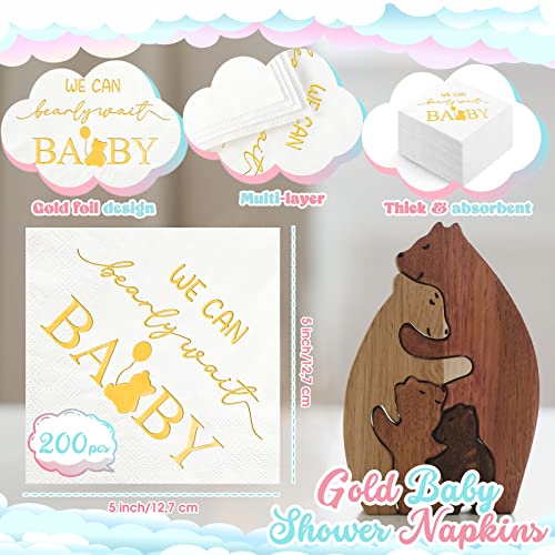 200 Pcs We Can Bearly Wait Baby Napkins, Gold Baby Shower Napkins Cocktail Dessert Disposable Napkins Paper For Boy, Girl, Gender Reveal, Baby Shower, Teddy Bear Welcome Baby Party Decoration Supplies #TOP1