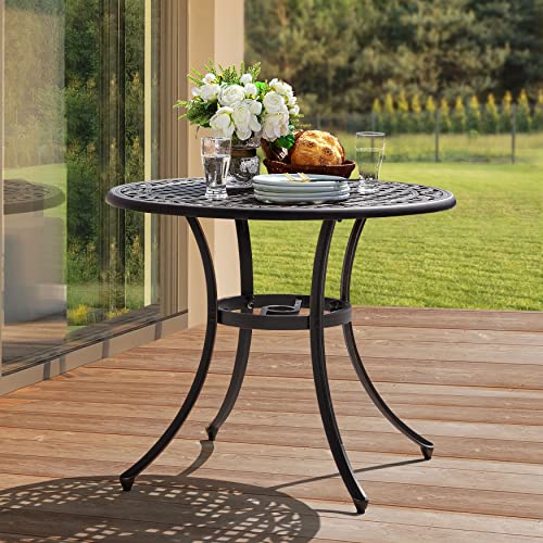 Image of NUU GARDEN 35 inch Round Patio Bistro Table, Cast Aluminum Round Outdoor Bistro Table with Umbrella Hole for Poolside, Deck, Porch, Backyard, Balcony, Black with Antique Bronze Edge